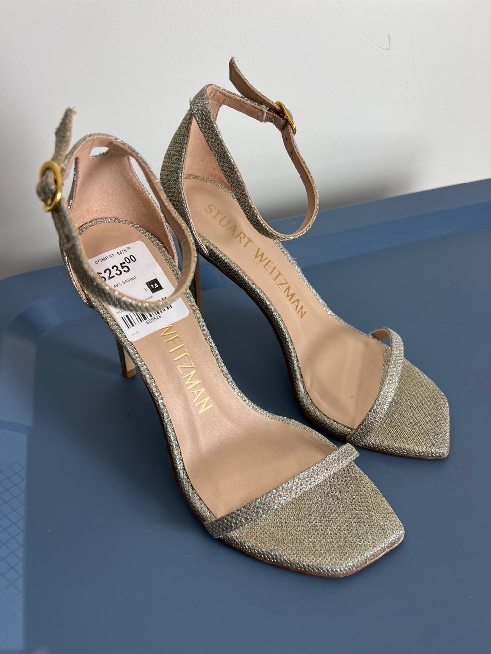 Stuart Weitzman nudistcurve open toe heels sandals gold glitter sparkly 7